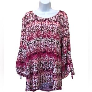 New Directions Women’s Boho Top Size XL Pink Multi Tunic Flare Sleeve Tie Knot